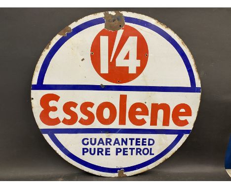 An Essolene Guaranteed Pure Petrol circular double sided enamel sign, 30" diameter. 