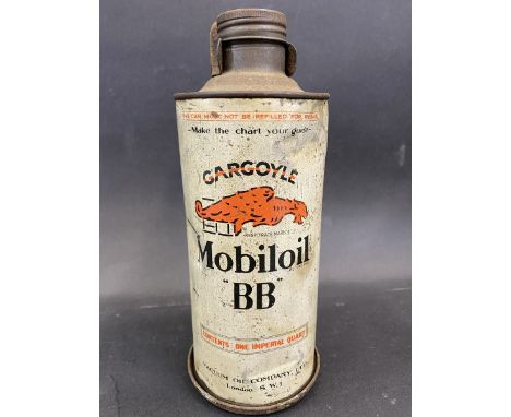 A Gargoyle Mobiloil 'BB' grade cylindrical quart can on a bulkhead bracket. 