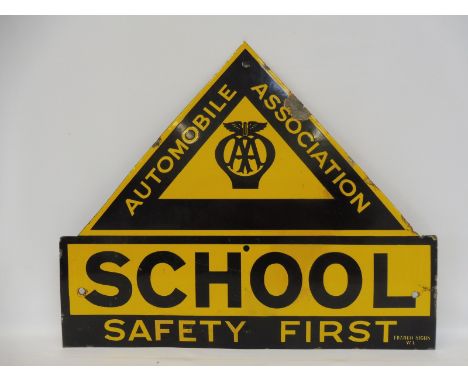 An AA School 'Safety First' enamel sign by Franco, with some restoration and good gloss, 26 x 22". 