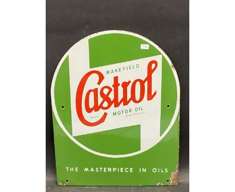A Wakefield Castrol Motor Oil enamel oil bottle crate end sign, 11 1/2 x 14 1/2". 