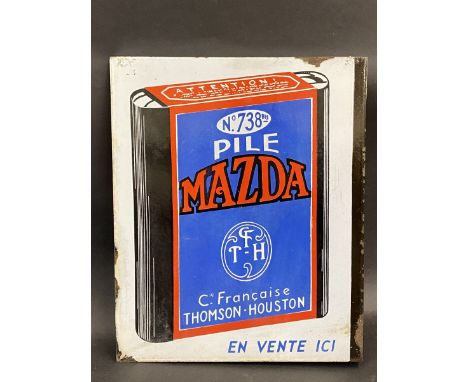 A 'Mazda' French double sided enamel sign with hanging flange, 14 1/2 x 18". 