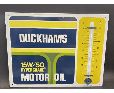 A Duckhams 15W/50 Motor Oil enamel thermometer by Burnham of London, excellent condition with a Duckhams label stuck over the