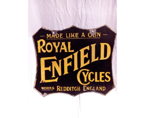 A Royal Enfield Cycles double sided enamel sign, restored on both sides, 21 x 18".