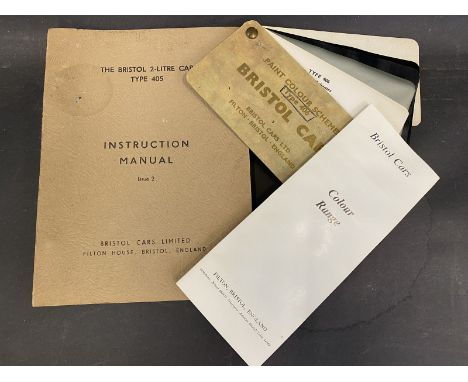 A Bristol Type 405 Instruction Manual Issue 2, a Bristol Cars Colour Range chart plus a Type 406 paint swatch. 