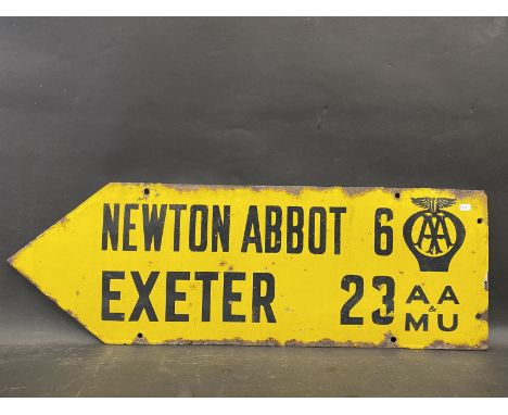 An AA &amp; Motor Union enamel single sided directional road sign pointing towards Newton Abbot (6) and Exeter (23), 30 x 10"