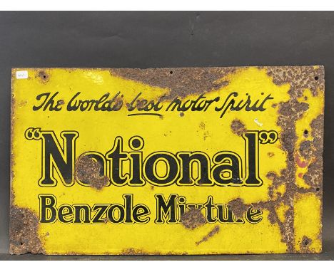 A National Benzole Mixture double sided enamel sign with flattened hanging flange, 20 x 12". 