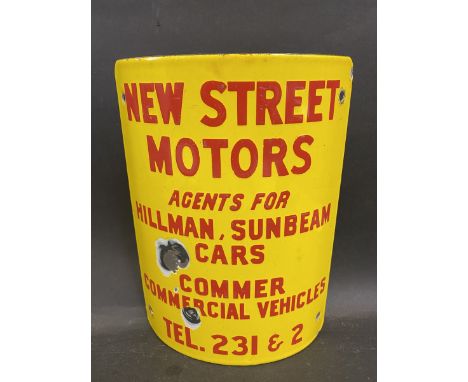 A curved enamel sign for a post or similar advertising 'New Street Motors' agents for Hillman, Sunbeam Cars and Commer Commer