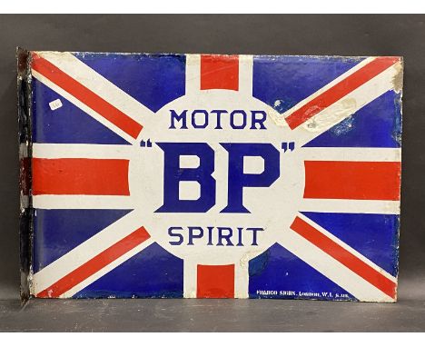 A BP Motor Spirit Union Jack double sided enamel sign with hanging flange, some older amateur retouching, 24 x 16". 