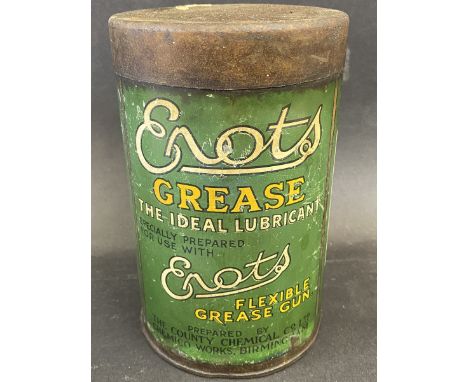 An Enots Grease cylindrical tin, for the Enots flexible grease gun. 