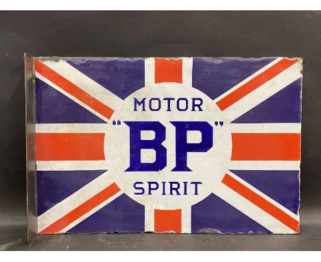 A BP Motor Spirit Union Jack double sided enamel sign with hanging flange by Bruton of Palmers Green, restored and a new flan