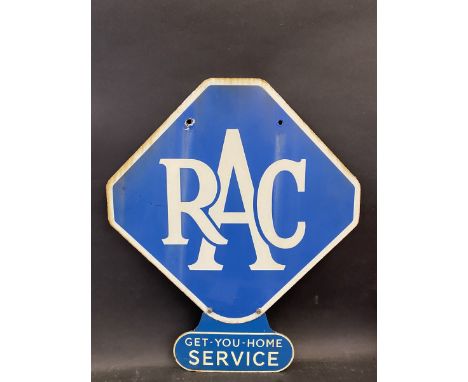 An RAC lozenge shaped double sided enamel sign with 'Get-You-Home Service' double sided attachment, 22 x 26 1/2".