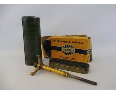 A Castrolease Junior grease gun canister with brass attachment, a Halford repair outfit tin plus a Dunlop cycle tube box.