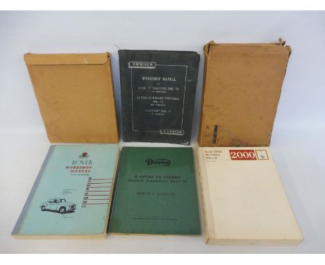 A selection of manuals including a 1950 onwards Rover workshop manual, a Daimler 2 1/2 litre V8 service manual, Commer Karrie