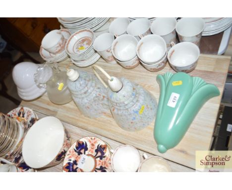 Two Art Deco style light shades, Dartmouth pottery wall pocket and two other light shades  