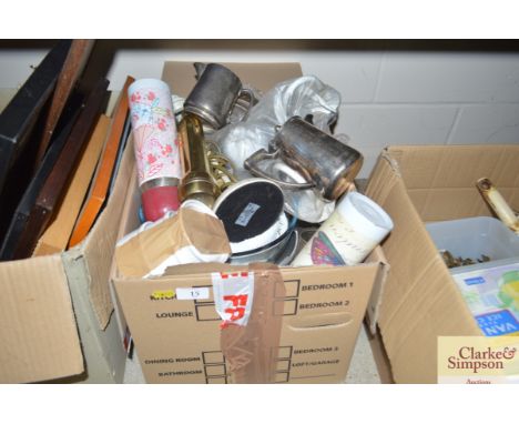 A box containing various miscellaneous china; a ceiling light etc