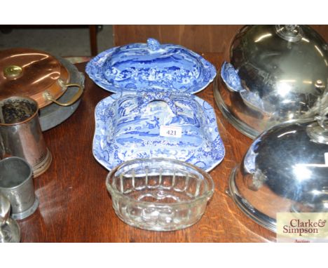 A Copeland Spode blue Italian vegetable dish and cover together with a Spode blue Italian terrine and cover and a glass jelly