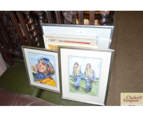 Five various portrait pictures to include watercolours of pilots