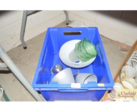 A box containing wall lights and shades together with four Christopher Wray glass light shades