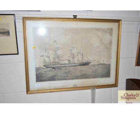 S S Great Britain, black and white lithograph, T Dutton, after S Walters 1852, framed and glazed 
