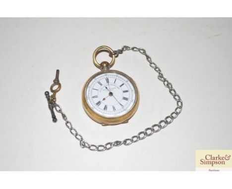 A brass cased pocket watch 'Center Seconds Chronograph' and chain