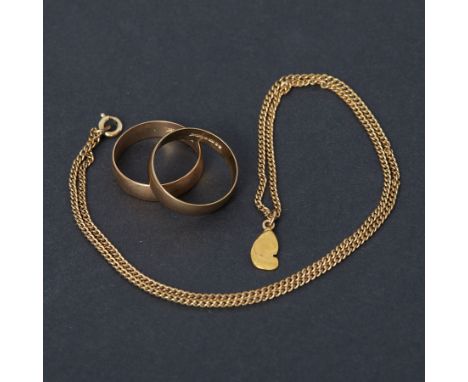 Two 9ct yellow gold wedding bands, size Q 1/2 &amp; R 1/2 (middle), total weight 5.13gm and a small gold nugget on an 18" gol