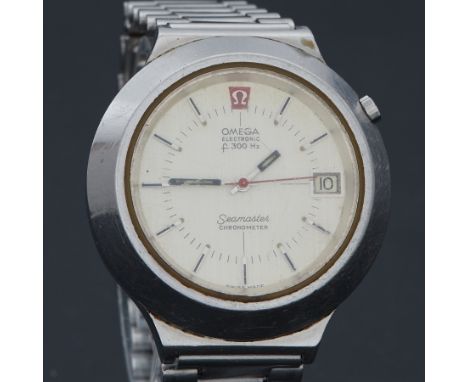 Omega, a stainless steel Omega Electronic F300hz Seamaster chronometer 'cone' style wristwatch, date window, white baton dial