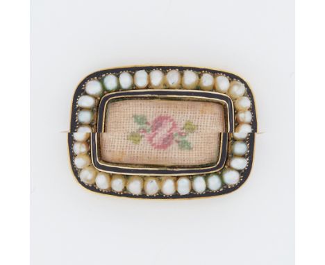 A Georgian yellow gold, black enamel seed pearl &amp; flower tapestry brooch, the tapestry being under a glass panel, with a 