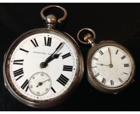 A Victorian silver open face pocket watch, white dial, bold Roman numerals, minute track, subsidiary seconds, key wind moveme