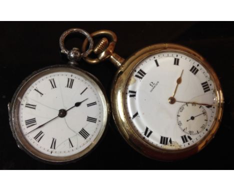 An Omega gold plated open face pocket watch, white dial, bold Roman numerals, subsidiary seconds, button wind movement, seria