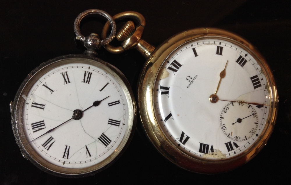 An Omega gold plated open face pocket watch, white dial, bold Roman ...