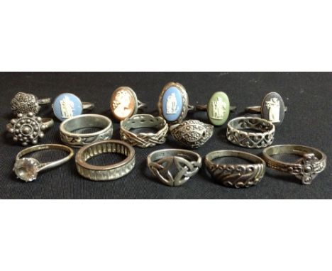 A Wedgwood and pale blue Jasper ware ring; others, black and green;  a shell Cameo portrait ring;  others, marcasite, paste, 