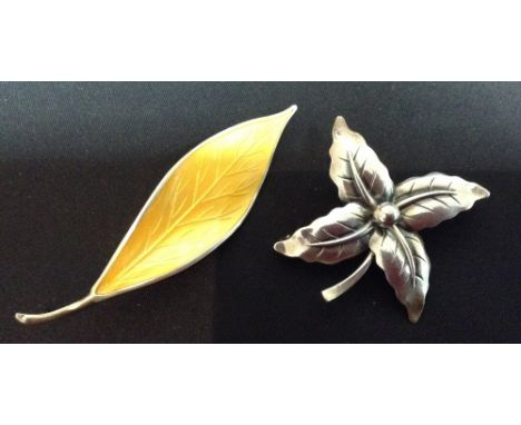 Jewellery - a David Andersen Norwegian yellow enamel and silver leaf brooch, another, NE Danish silver flower brooch (2)