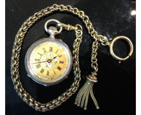 A silver gilt fancy link Albertina chain, tassel terminal;  a continental 800 grade silver fob watch, gilt and silver floral 