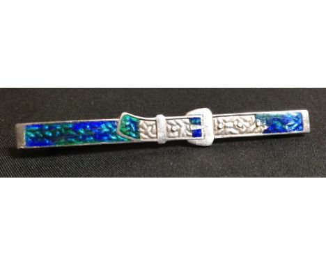 A Charles Horner silver and enamel brooch, as a belt buckle, half enamelled in tones of blue and green, Chester 1911