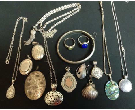 Silver Jewellery - an oval locket;  others, smaller;  a clam shell pendant;  an enamelled shield pendant necklace;  an abalon