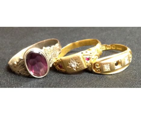 Jewellery - a diamond and ruby three stone gypsy ring, 18ct gold shank, size N;  another, stone missing;  a yellow metal and 