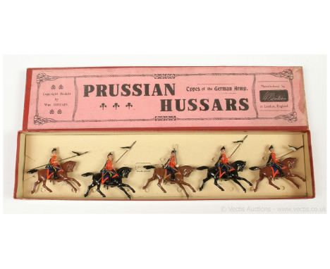 Britains - Set 153 - Prussian Hussars [1925 version], comprising: Mounted Officer with Shouldered Sabre &amp; 4 x Hussars Car