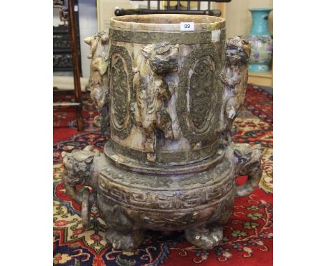 A large Chinese carved jade / hardstone temple censor made in 2 pieces with young dragon decoration and mid 20th century embe