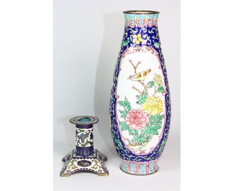 A Chinese hand enamelled copper vase H 22cm and an enamelled copper candlestick H 7cm