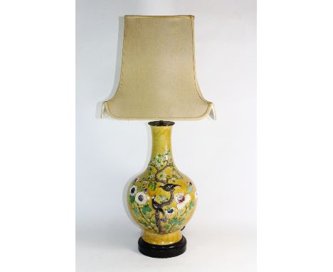 A 19th century Chinese relief decorated porcelain vase mounted as a table lamp H 50cm (without shade) A/F to base