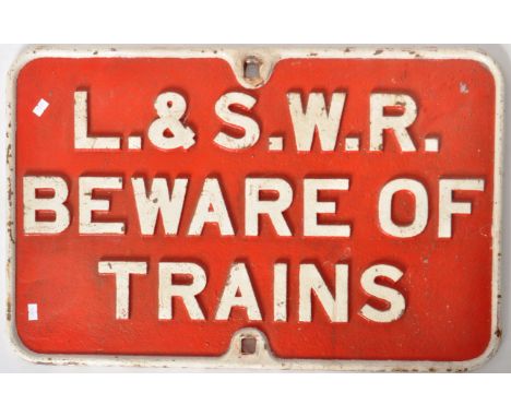 Railway Cast Iron Sign - L. &amp; S. W. R BEWARE OF TRAINS.&nbsp;&nbsp;London &amp; South Western Railway sign in original tr