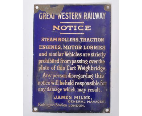 Great Western Railway - A vintage 20th Century notice enamel sign. The rectangular blue enamel sign reading: Great Western Ra