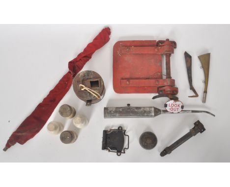A mixed collection of vintage railway ephemera.&nbsp; To include an original guard / signalmen’s red flag, approx. 88cm x 88c