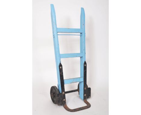 Railway Interest - A vintage 20th Century Industrial sack truck / trolley / display stand of wood and iron construction finis