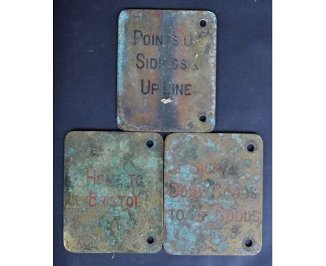 Three 20th Century Great Western Railway Brass Signal Box Lever Plates, to include: (1) double sided: SIGNAL DOWN GOODS TO UP