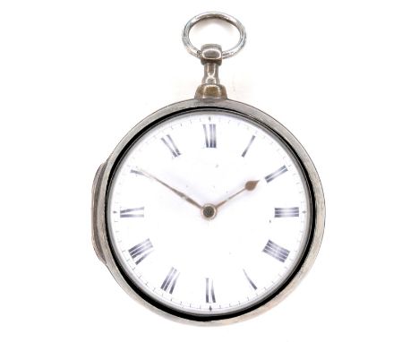 A George III silver pair cased open faced verge fusee pocket watch, the circular white enamel dial with black Roman numerals,