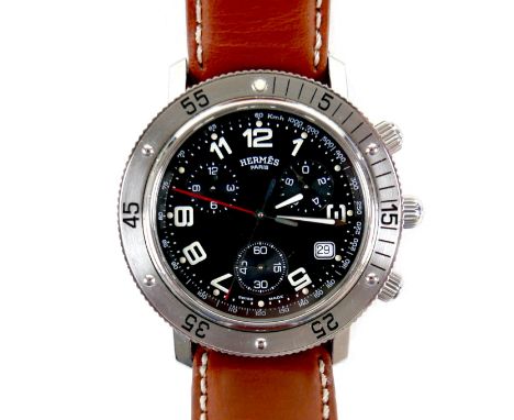 A Hermes Clipper Chrono stainless steel gentleman's wristwatch, model CL2.910, circular black dial with three sub dials, lumi