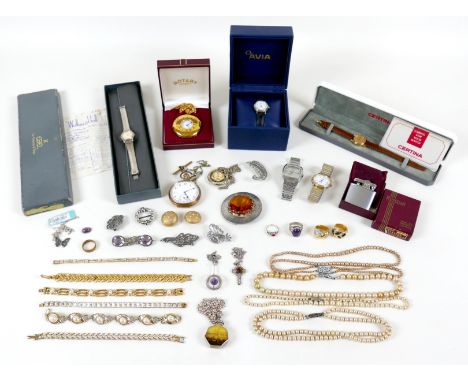 A collection of costume jewellery and watches, including Rotary Automatic, and five other various wristwatches, a gold plated