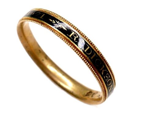 A George III gold gentleman’s memento mori ring, inscribed to the black enamel band ‘R. Dickson Skine Esq. Died 9 Feb 1791 Ag