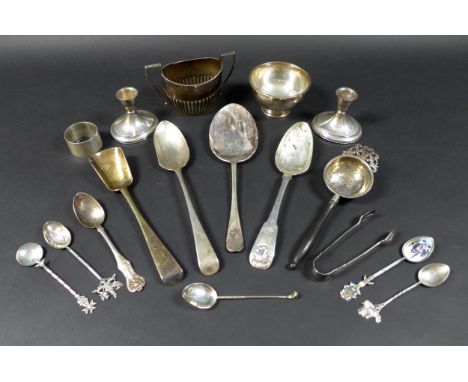 A small group of silver items, comprising an interesting early 18th century silver gilt shovel spoon, Hanoverian pattern, ter